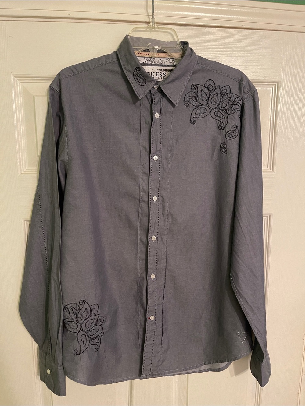 Guess Men's Charcoal Gray Button-Down Shirt with Black Embroidery